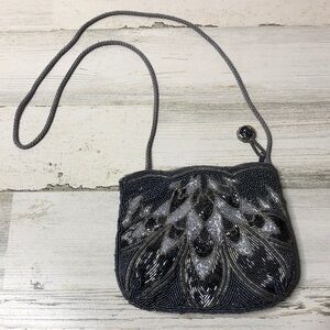 Vintage small beaded bag Black Blue Sliver Scallop Zip Small Flaw